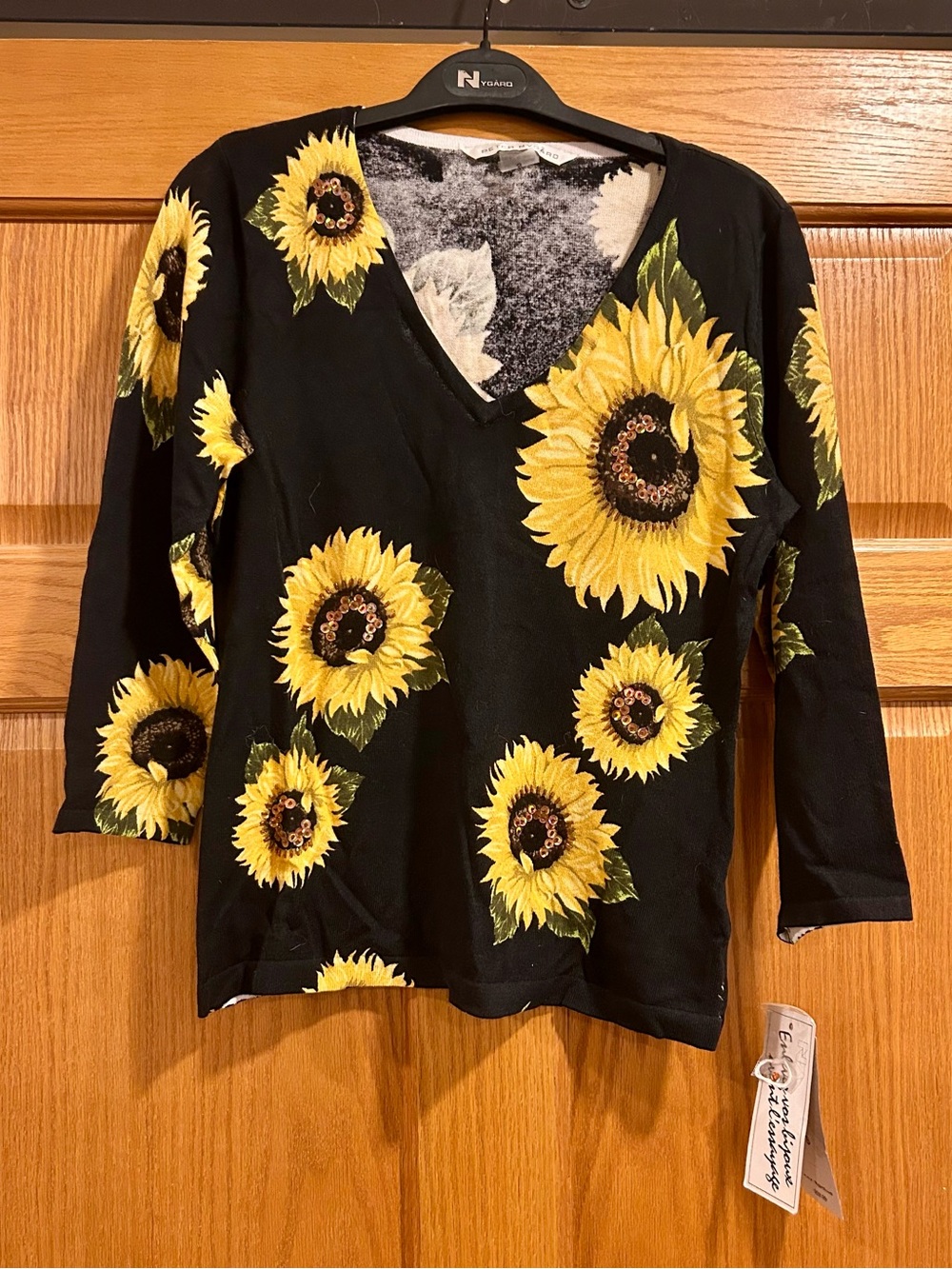 NWT Peter Nygard Black V-Neck Top with Yellow Sunflower and Sequins Size Small